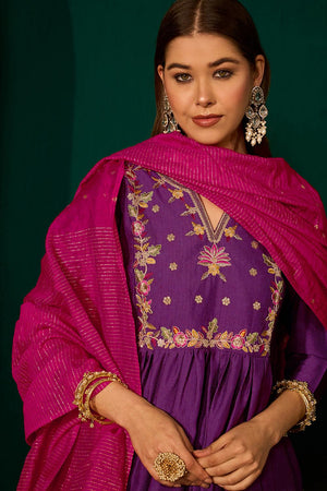 Violet Floral Embroidered Silk Anarkali Suit (ACA7365)