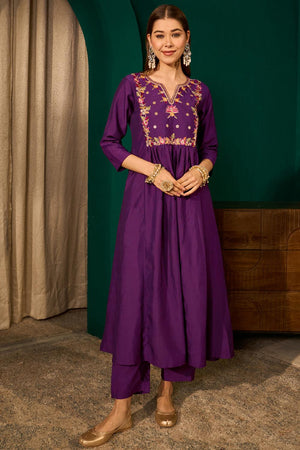 Violet Floral Embroidered Silk Anarkali Suit (ACA7365)