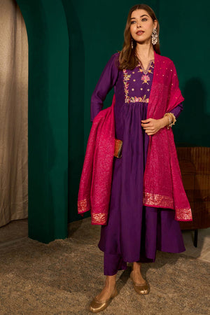 Violet Floral Embroidered Silk Anarkali Suit (ACA7365)