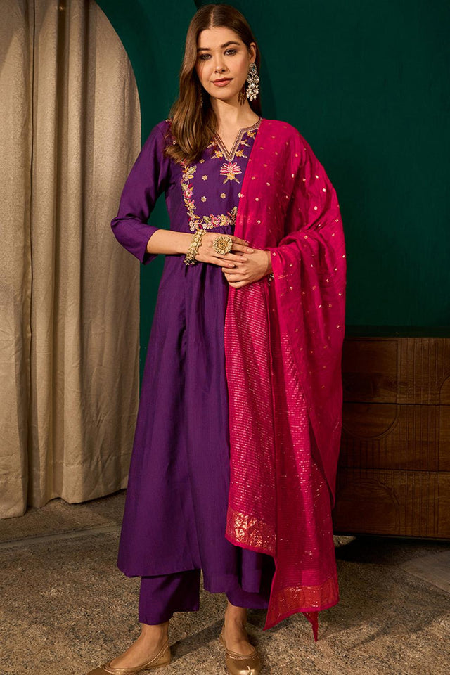 Violet Floral Embroidered Silk Anarkali Suit (ACA7365)