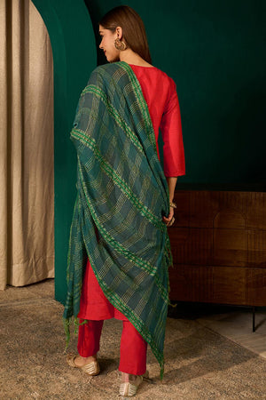 Red Floral Embroidered Silk Straight Cut Suit (ACA7366)