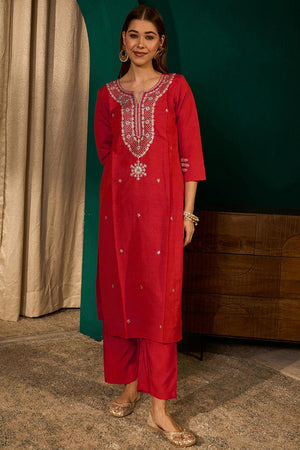 Red Floral Embroidered Silk Straight Cut Suit (ACA7366)
