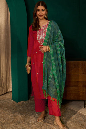 Red Floral Embroidered Silk Straight Cut Suit (ACA7366)