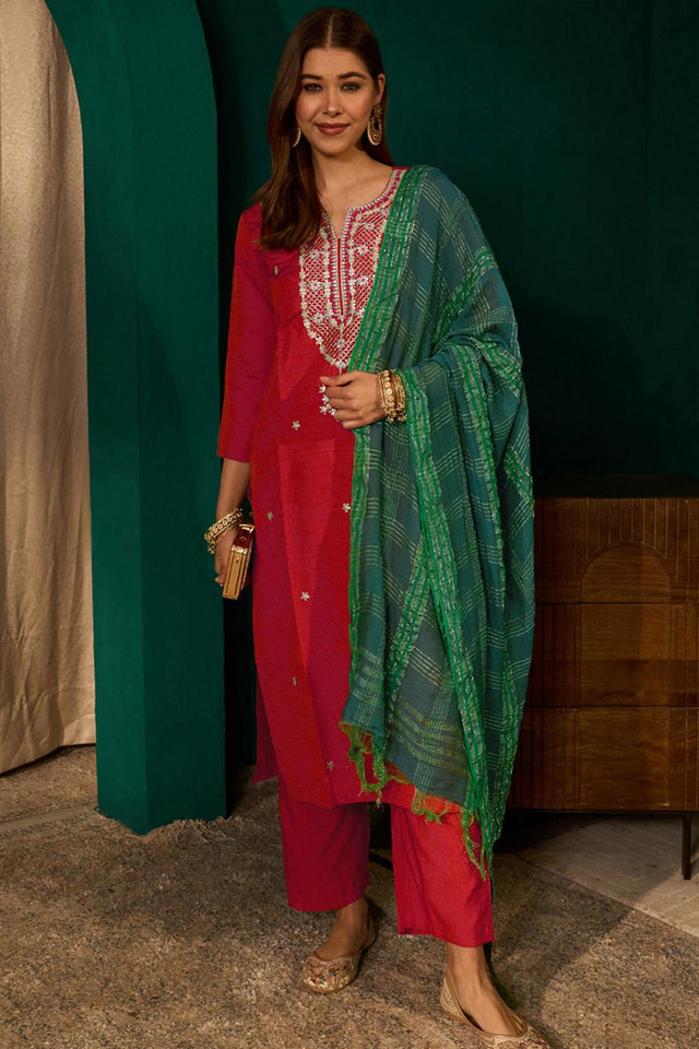 Red Floral Embroidered Silk Straight Cut Suit (ACA7366)