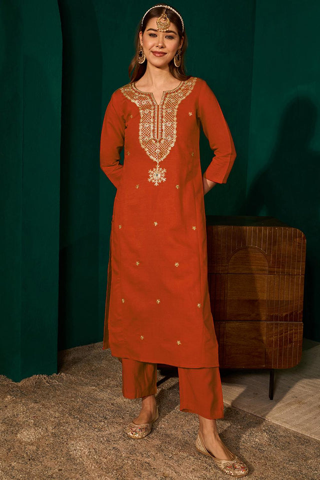 Rust Floral Embroidered Silk Straight Cut Suit (ACA7367)