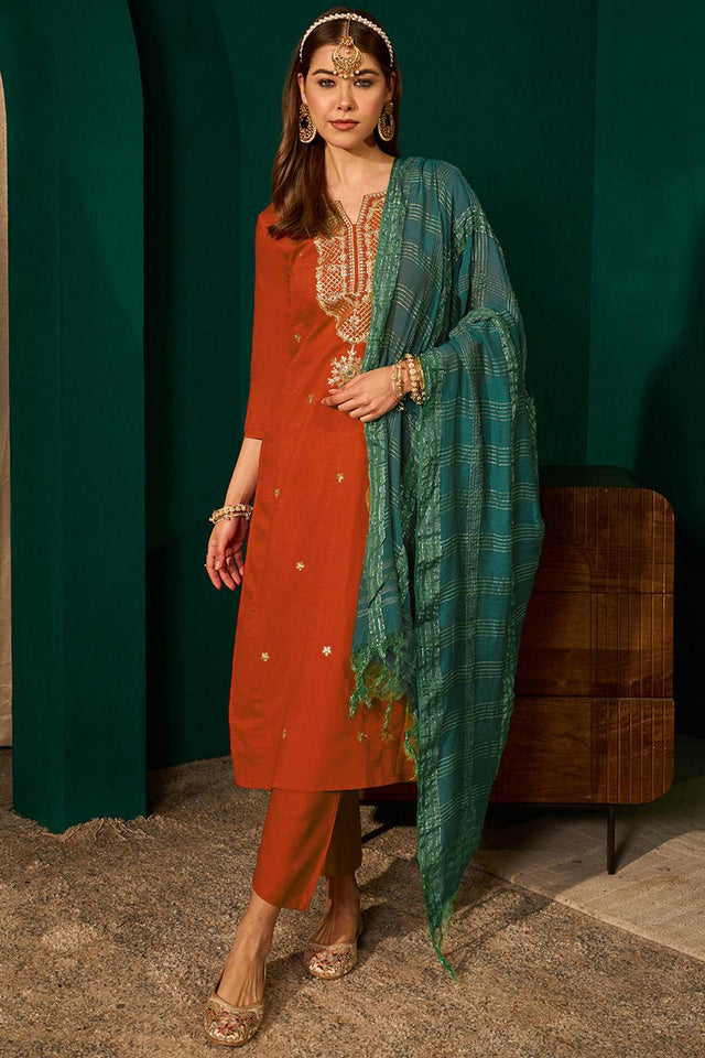 Rust Floral Embroidered Silk Straight Cut Suit (ACA7367)
