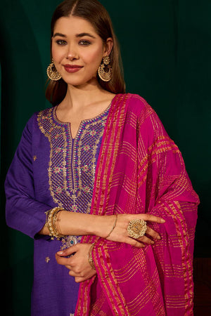 Violet Floral Embroidered Silk Straight Cut Suit (ACA7368)