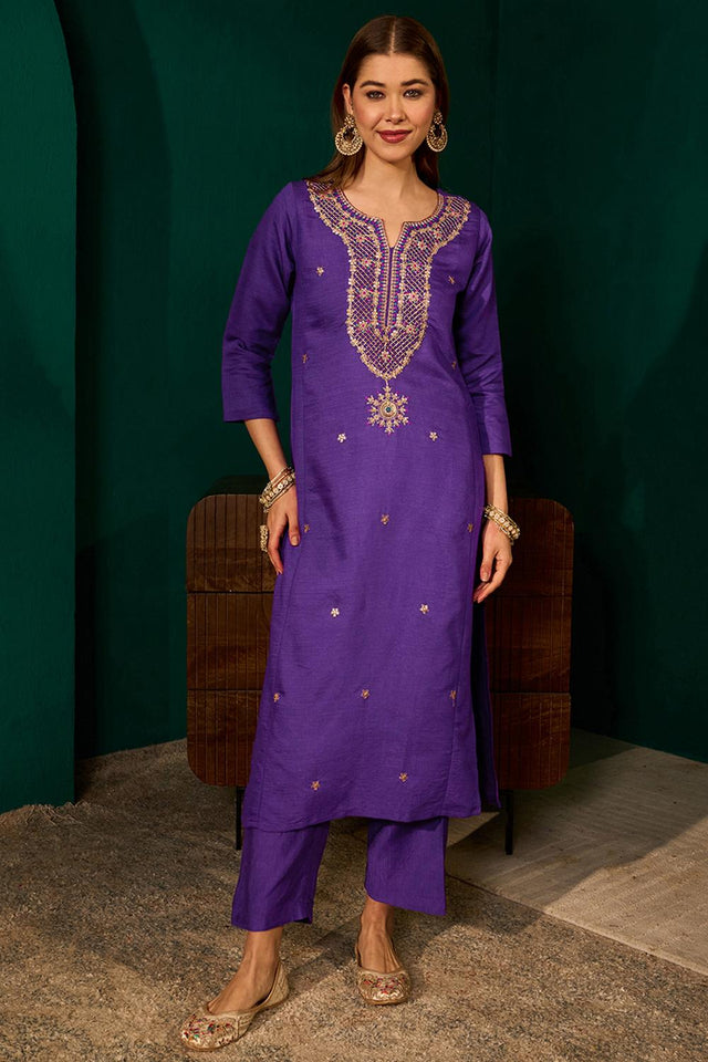 Violet Floral Embroidered Silk Straight Cut Suit (ACA7368)