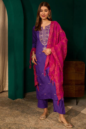 Violet Floral Embroidered Silk Straight Cut Suit (ACA7368)