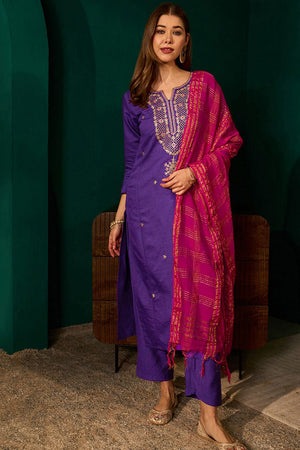 Violet Floral Embroidered Silk Straight Cut Suit (ACA7368)