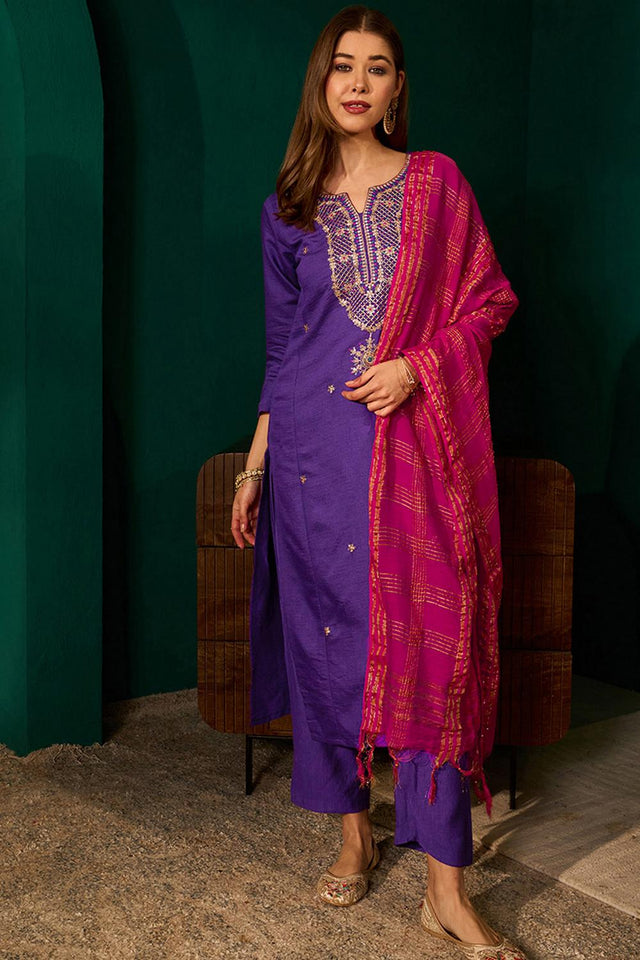Violet Floral Embroidered Silk Straight Cut Suit (ACA7368)