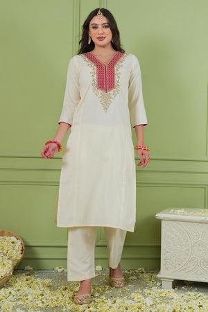Off White Floral Embroidered Silk Straight Cut Suit (ACA7369)