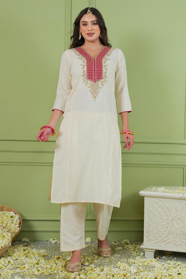Off White Floral Embroidered Silk Straight Cut Suit (ACA7369)