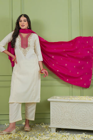 Off White Floral Embroidered Silk Straight Cut Suit (ACA7369)