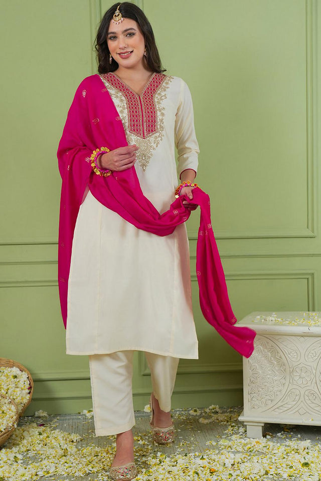 Off White Floral Embroidered Silk Straight Cut Suit (ACA7369)