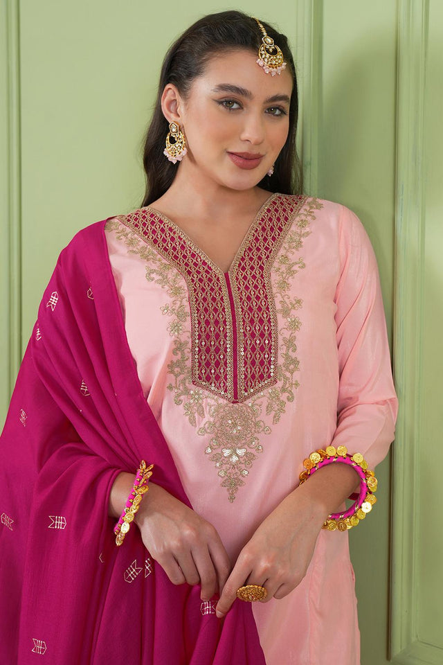 Peach Floral Embroidered Silk Straight Cut Suit (ACA7370)