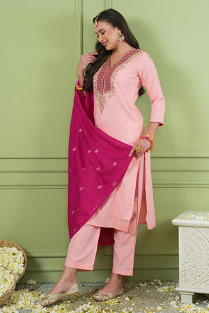 Peach Floral Embroidered Silk Straight Cut Suit (ACA7370)