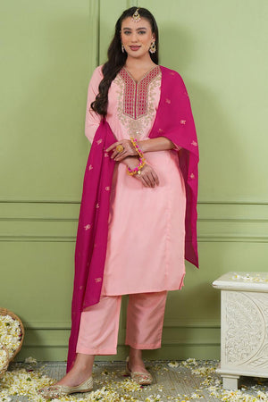 Peach Floral Embroidered Silk Straight Cut Suit (ACA7370)