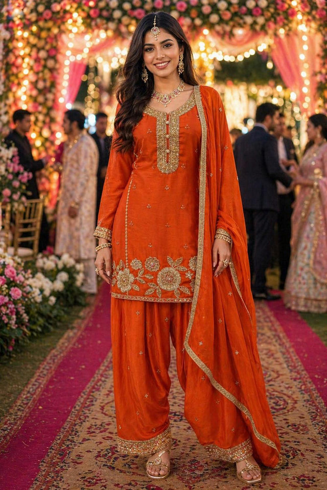 Free Size Stitched Orange Beads Embossed Chinon Palazzo Suit (ACA7371)