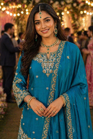 Free Size Stitched Blue Beads Embossed Chinon Palazzo Suit (ACA7372)