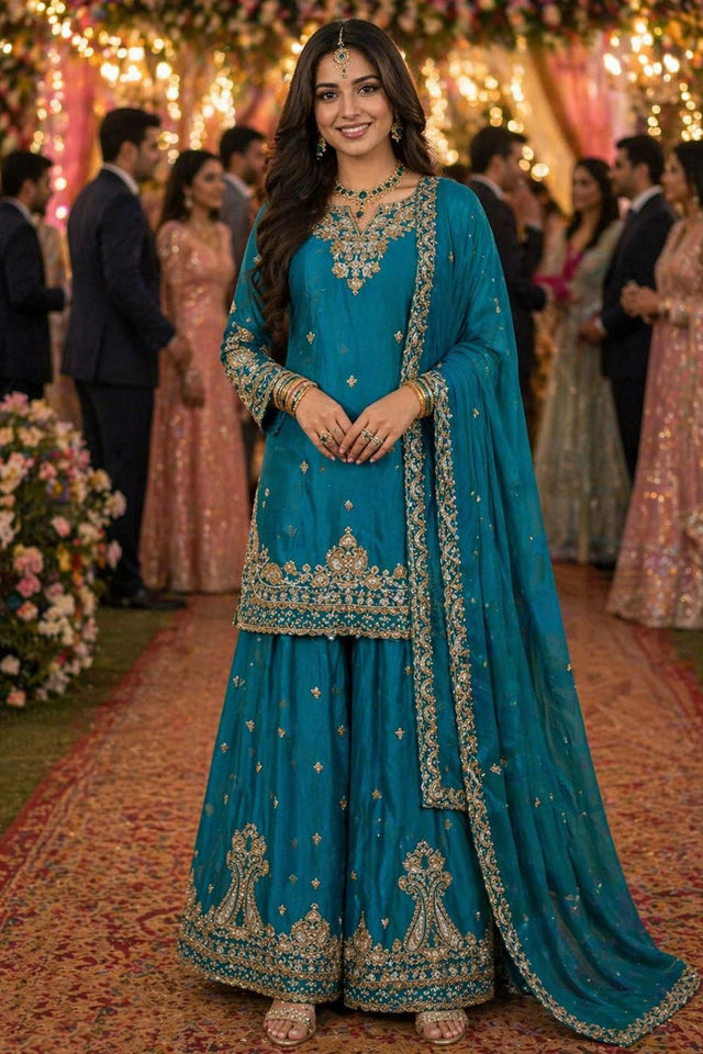 Free Size Stitched Blue Beads Embossed Chinon Palazzo Suit (ACA7372)