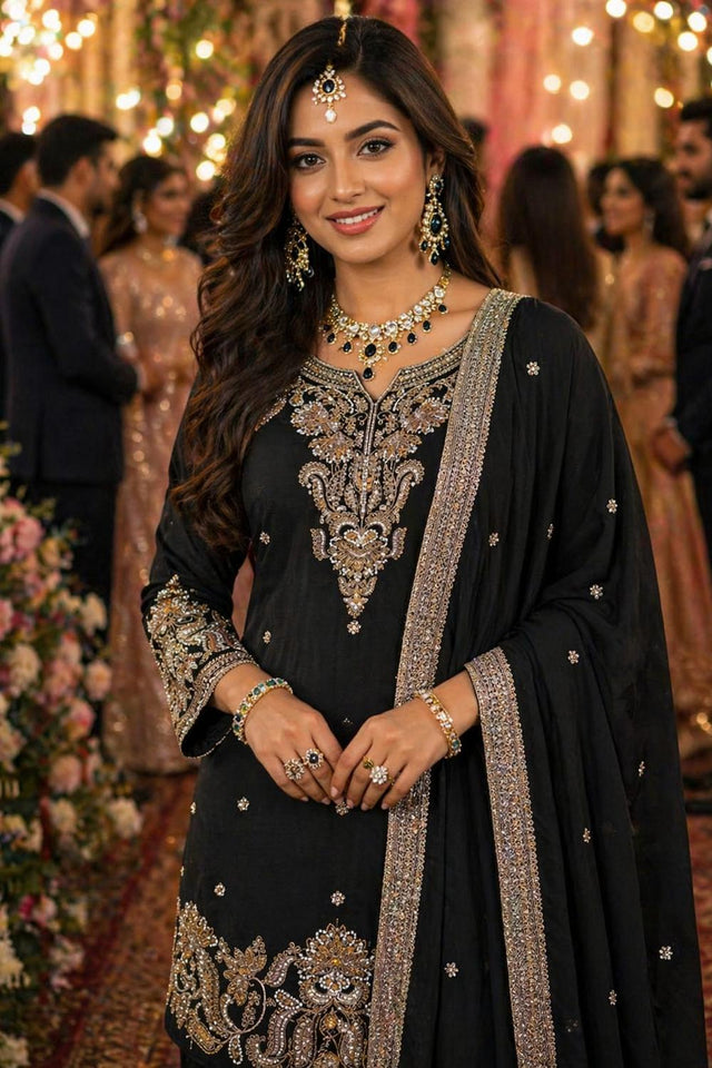 Free Size Stitched Black Beads Embossed Chinon Palazzo Suit (ACA7373)