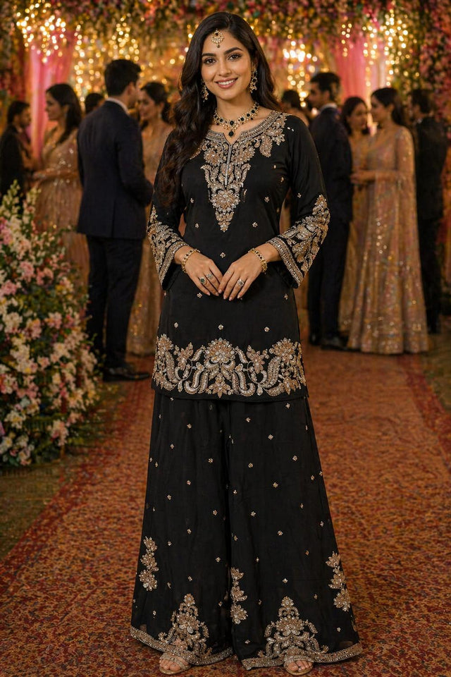 Free Size Stitched Black Beads Embossed Chinon Palazzo Suit (ACA7373)