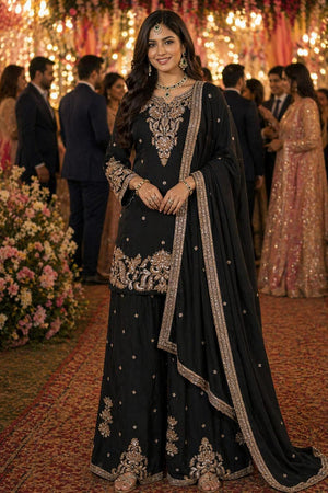 Free Size Stitched Black Beads Embossed Chinon Palazzo Suit (ACA7373)