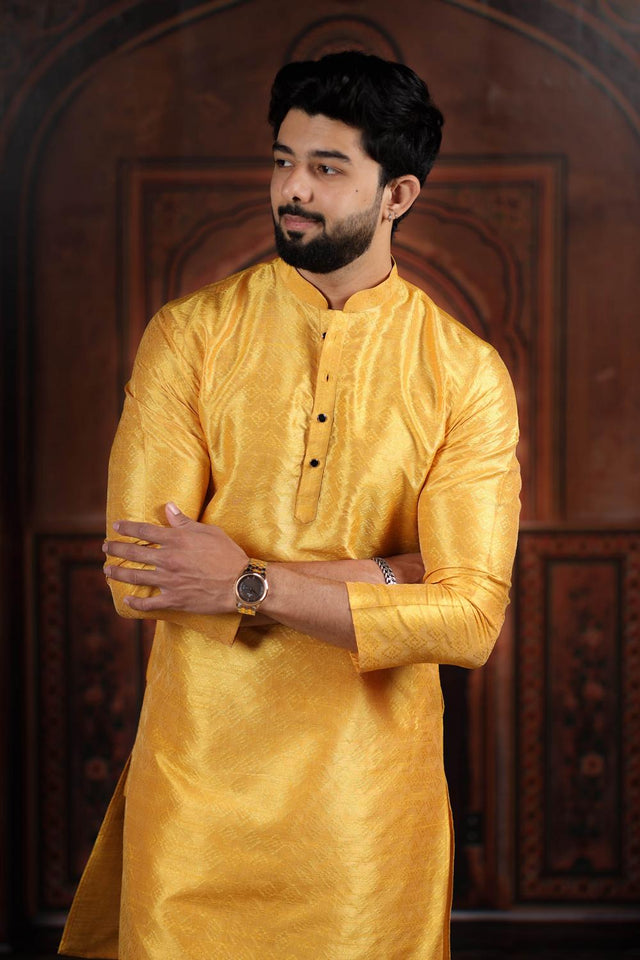 Mens Yellow Woven Art Silk Kurta Set (ACA7374)