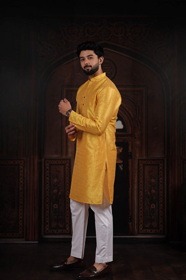 Mens Yellow Woven Art Silk Kurta Set (ACA7374)