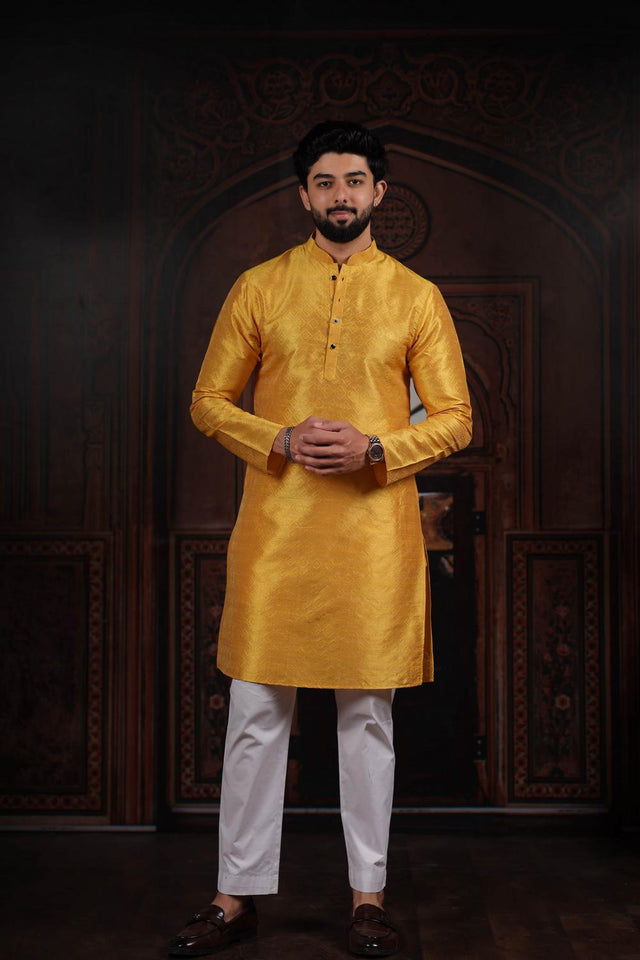 Mens Yellow Woven Art Silk Kurta Set (ACA7374)