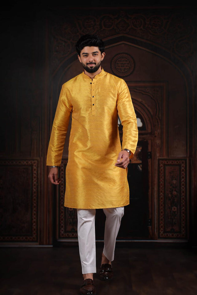 Mens Yellow Woven Art Silk Kurta Set (ACA7374)