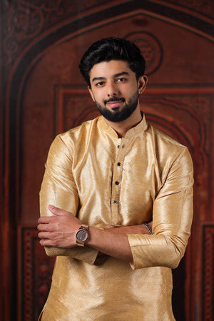 Mens Beige Woven Art Silk Kurta Set (ACA7375)