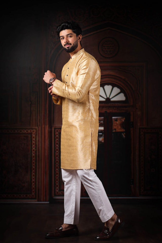 Mens Beige Woven Art Silk Kurta Set (ACA7375)