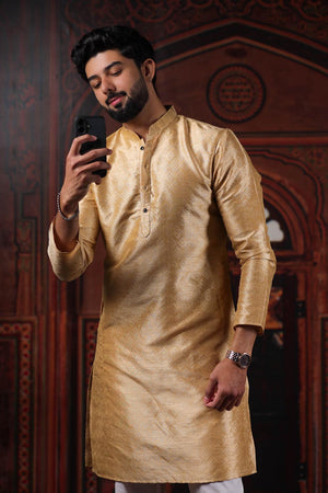 Mens Beige Woven Art Silk Kurta Set (ACA7375)
