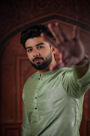 Mens Green Woven Art Silk Kurta Set (ACA7376)