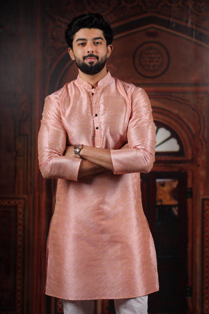 Mens Pink Woven Art Silk Kurta Set (ACA7377)