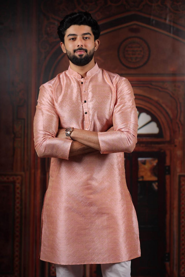 Mens Pink Woven Art Silk Kurta Set (ACA7377)