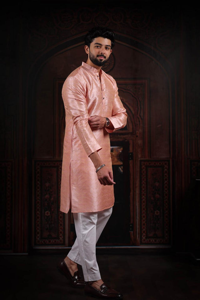 Mens Pink Woven Art Silk Kurta Set (ACA7377)