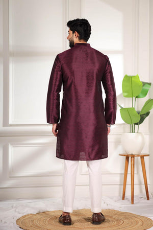 Mens Wine Woven Art Silk Kurta Set (ACA7378)