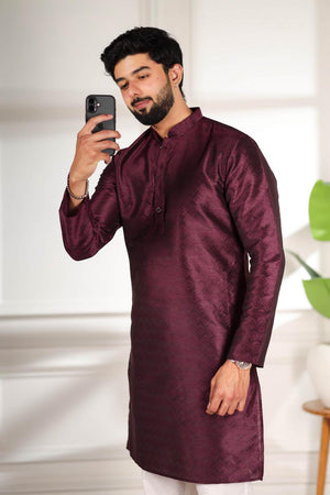 Mens Wine Woven Art Silk Kurta Set (ACA7378)