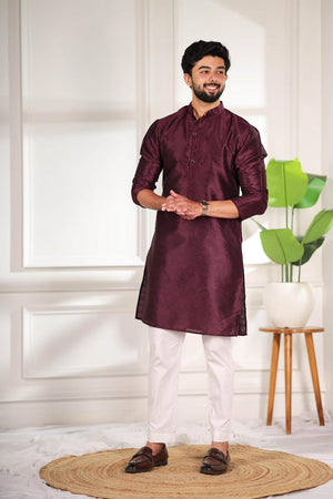 Mens Wine Woven Art Silk Kurta Set (ACA7378)
