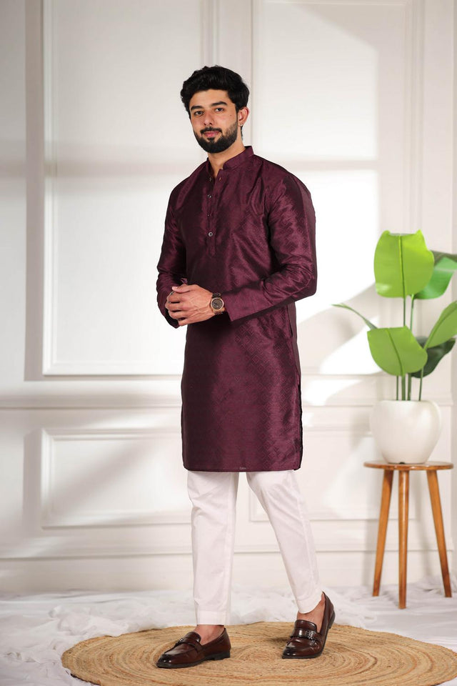 Mens Wine Woven Art Silk Kurta Set (ACA7378)