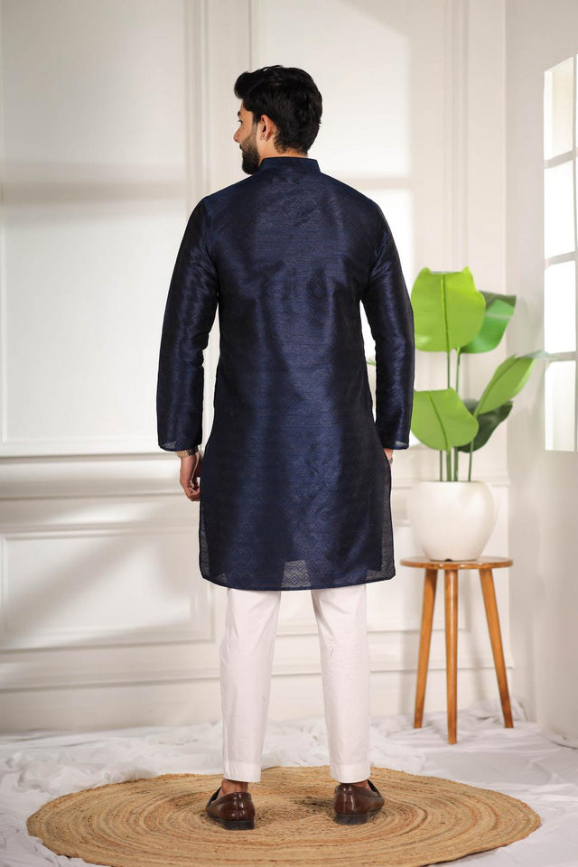 Mens Blue Woven Art Silk Kurta Set (ACA7379)