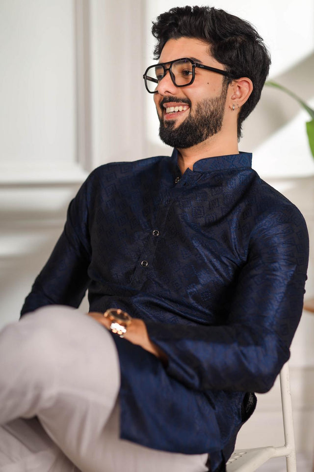 Mens Blue Woven Art Silk Kurta Set (ACA7379)