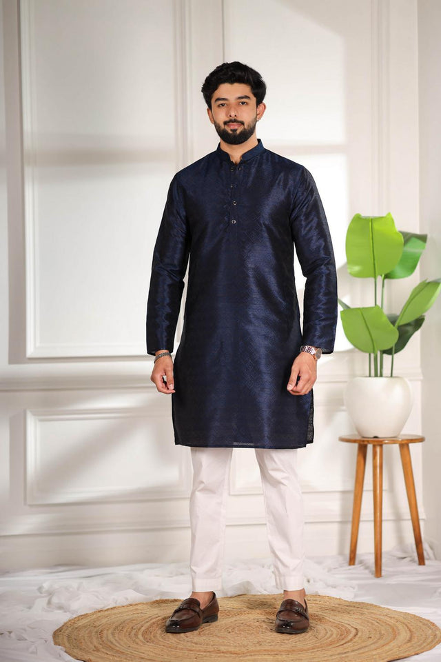 Mens Blue Woven Art Silk Kurta Set (ACA7379)