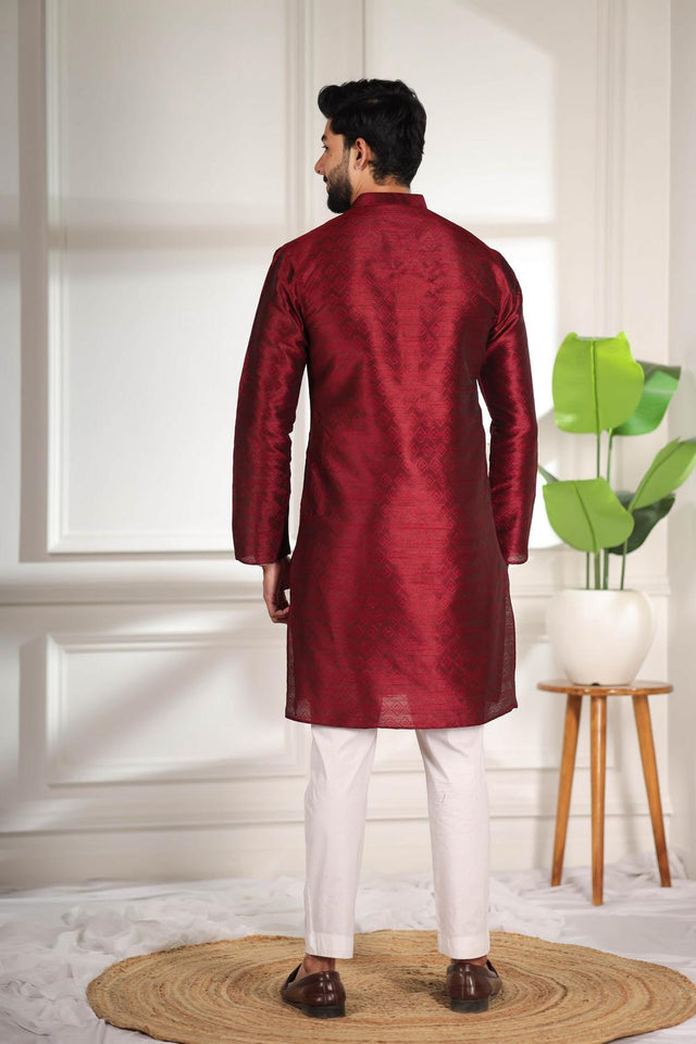 Mens Maroon Woven Art Silk Kurta Set (ACA7380)