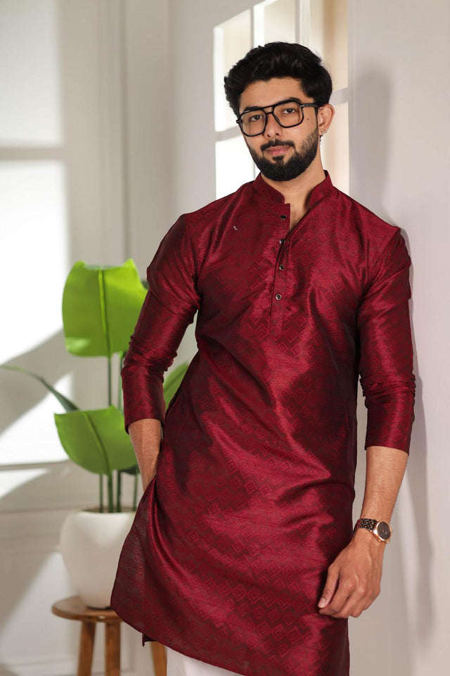 Mens Maroon Woven Art Silk Kurta Set (ACA7380)