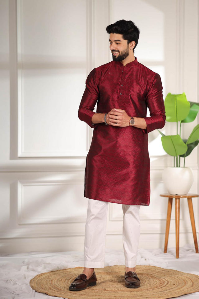 Mens Maroon Woven Art Silk Kurta Set (ACA7380)