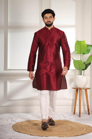 Mens Maroon Woven Art Silk Kurta Set (ACA7380)